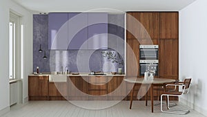 Japandi trendy wooden kitchen and dining room in white and purple tones. Wooden cabinets, table, contemporary wallpaper and marble