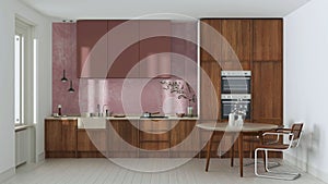 Japandi trendy wooden kitchen and dining room in white and red tones. Wooden cabinets, table, contemporary wallpaper and marble