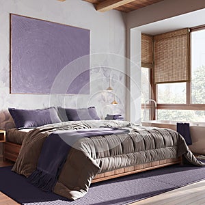 Japandi wooden bedroom with bathtub in white and purple tones. Double bed, freestanding bathtub, parquet and wallpaper. Modern