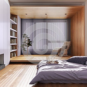 Japandi wooden bedroom in white and purple tones. Bed with pillows and decors. Parquet floor and bookshelf. Minimalist modern