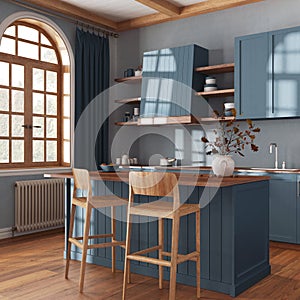 Japandi wooden kitchen in blue and beige tones with island and stools. Parquet floor, shelves and cabinets. Farmhouse scandinavian