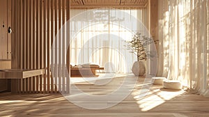 Japandi wooden room, empty and serene, 3D render, filtered light through sheer curtains AI Generated