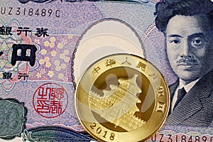 A Japanese 1000 Yen Note With A New Chinese Panda Gold Coin