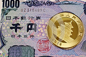 A Japanese 1000 Yen Note With A New Chinese Panda Gold Coin