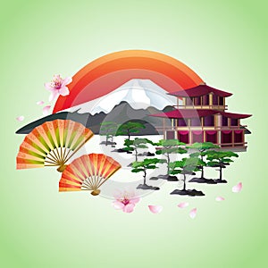 Japanese abstract background with fans, mountain, red sun