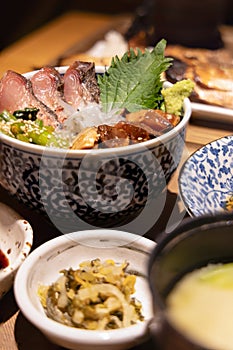 Japanese anchovy seafood bowl, photographed in Fukuoka, Japan