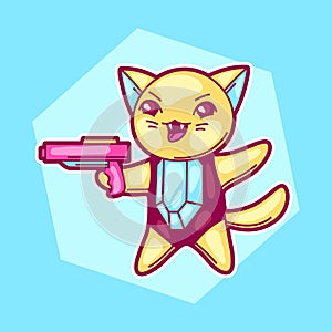 Japanese anime cosplay cat. Cute kawaii character with gun