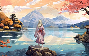 japanese Anime illustration of a girl stay near the river