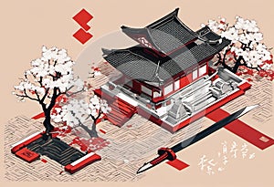 a japanese architecture made from paper with flowers, trees and bushes