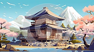 Japanese art illustration of a traditional ancient house. Multicolored design. Generative AI.