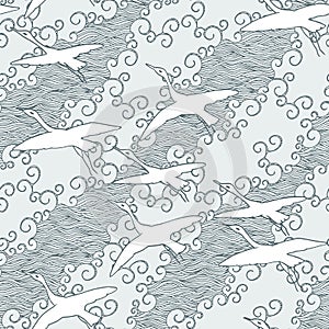Japanese art inspired seamless pattern with birds and waves