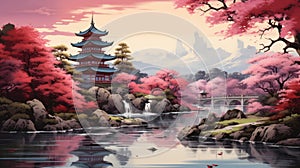 japanese art style landscape of pagoda nestled among cherry blossom trees, with a gentle stream by AI generated