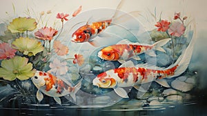 japanese art style landscape of a peaceful garden pond, with colorful koi fish swimming by AI generated