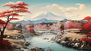 japanese art style landscape of a tranquil countryside with a winding river and wooden bridges by AI generated