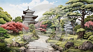 japanese art style traditional landscape Japanese tea garden with a wooden teahouse and a stone pathway by AI generated