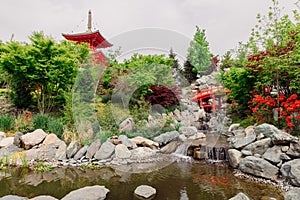 Japanese asian garden in Krasnodar Galitsky park. Traditional park with pond
