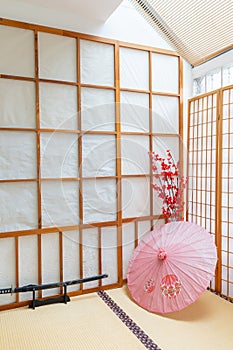 Japanese backdrop with traditional sliding door and tatami floor