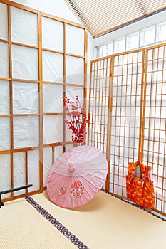Japanese backdrop with traditional sliding door and tatami floor