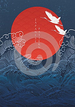 Japanese background with crane birds decoration vector. Hand drawn wave with red circle shape elements in oriental style