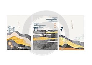 Japanese background with gold foil texture vector. Abstract landscape template with hand drawn wave pattern in oriental style