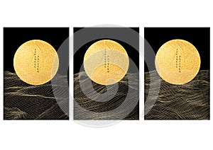 Japanese background with Gold texture in circle shape vector. Moon and sun with abstract line pattern. Template design