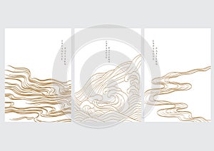 Japanese background with hand drawn wave elements vector. Gold line pattern with ocean object in vintage style