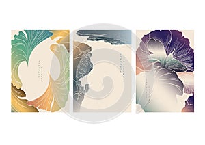 Japanese background Natural banner design. Abstract art boarders with hand drawn line vector in vintage style