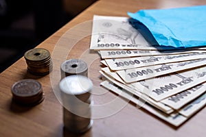 Japanese banknotes and coins on the table