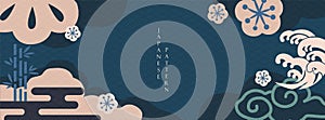 Japanese banner and icon vector. Asian traditional background in vintage. Cherry blossom flower, wave, cloud and bamboo elements.