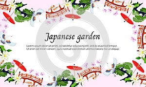 Japanese banner with a pattern of national symbols. Vector illustration in a flat style, frame for text, presentation, poster and