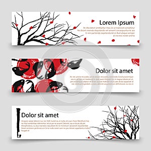 Japanese banner templates. Asian banners with vector sakura and fishes photo