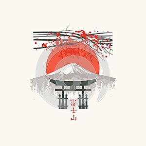 Japanese banner with torii gate and mount fuji