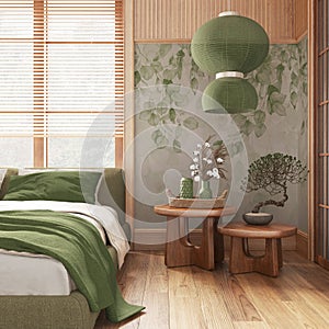 Japanese bedroom with wallpaper and wooden walls in green and beige tones. Parquet floor, master bed, carpets and decors. Minimal