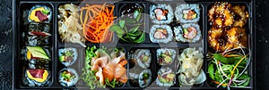 Japanese Bento Box, Asian Style Lunch Box with Sushi Rolls, Salad and Fresh Sea Food Top View