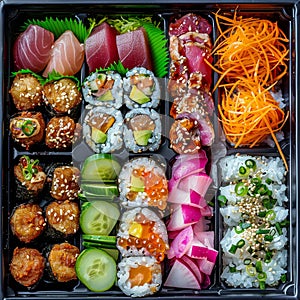 Japanese Bento Box, Asian Style Lunch Box with Sushi Rolls, Salad and Fresh Sea Food Top View