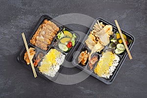 Japanese bento set with tonkatsu and tempura