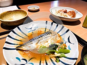 Japanese blue mackerel fish with miso and natto