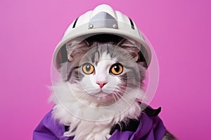 Japanese Bobtail Cat Dressed As A Fireman On Lavender Color Background