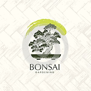 Japanese Bonsai Garden Zen Tree Logo. Plant Silhouette Icons on Palm Mat Background. Creative Vector Illustration