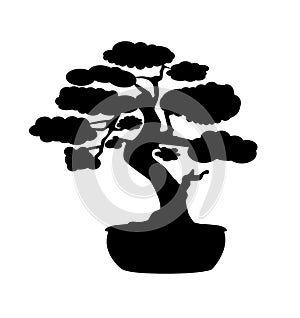 Japanese bonsai tree. Black logo, tree icon. Bonsai silhouette vector illustration on isolated white background. Ecology