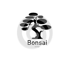 Japanese bonsai tree. Black logo, tree icon. Bonsai silhouette vector illustration on isolated white background. Ecology