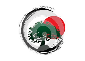 Japanese bonsai tree logo, green plant silhouette icons on white background, green ecology silhouette of bonsai and red sunset