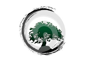 Japanese bonsai tree logo, plant silhouette icons on white background, green silhouette of bonsai. Detailed image. Vector isolated