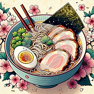 a japanese bowl of ramen with a boiled egg and vegetable on top