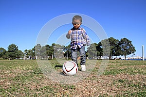 Japanese boy playing with soccer ball