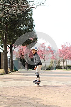 Japanese boy riding on a casterboard