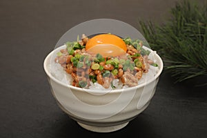 Japanese Breakfast: Natto with egg on rice