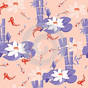 Japanese bright seamless pattern with tropical fish and lotus flowers. Vector illustration in purple and pink colors endless