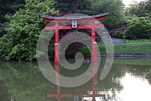 Japanese Brooklyn botanical garden with a small lake and red torii