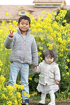 Japanese brother and sister in yellow field mustard